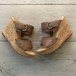 Born Cork Wedges with Light Brown Leather Straps